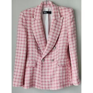 Zara Pink White Tweed Double Breast Blazer Jacket Casual Size Small AH01
